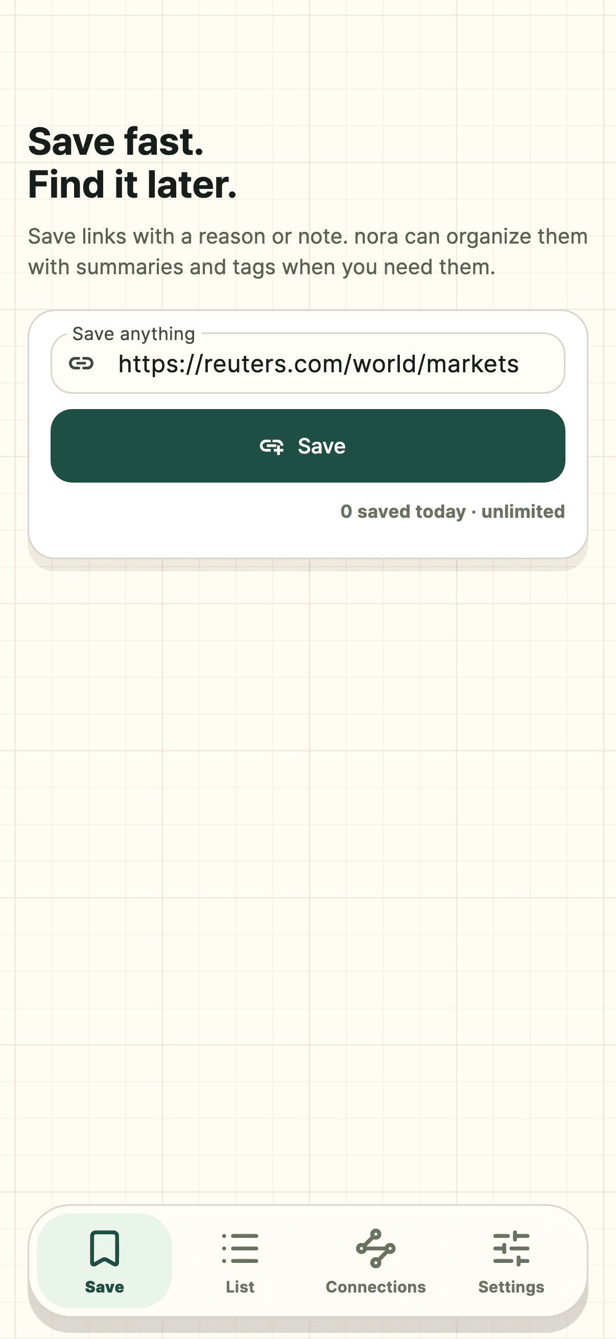 Nora iPhone save link screen