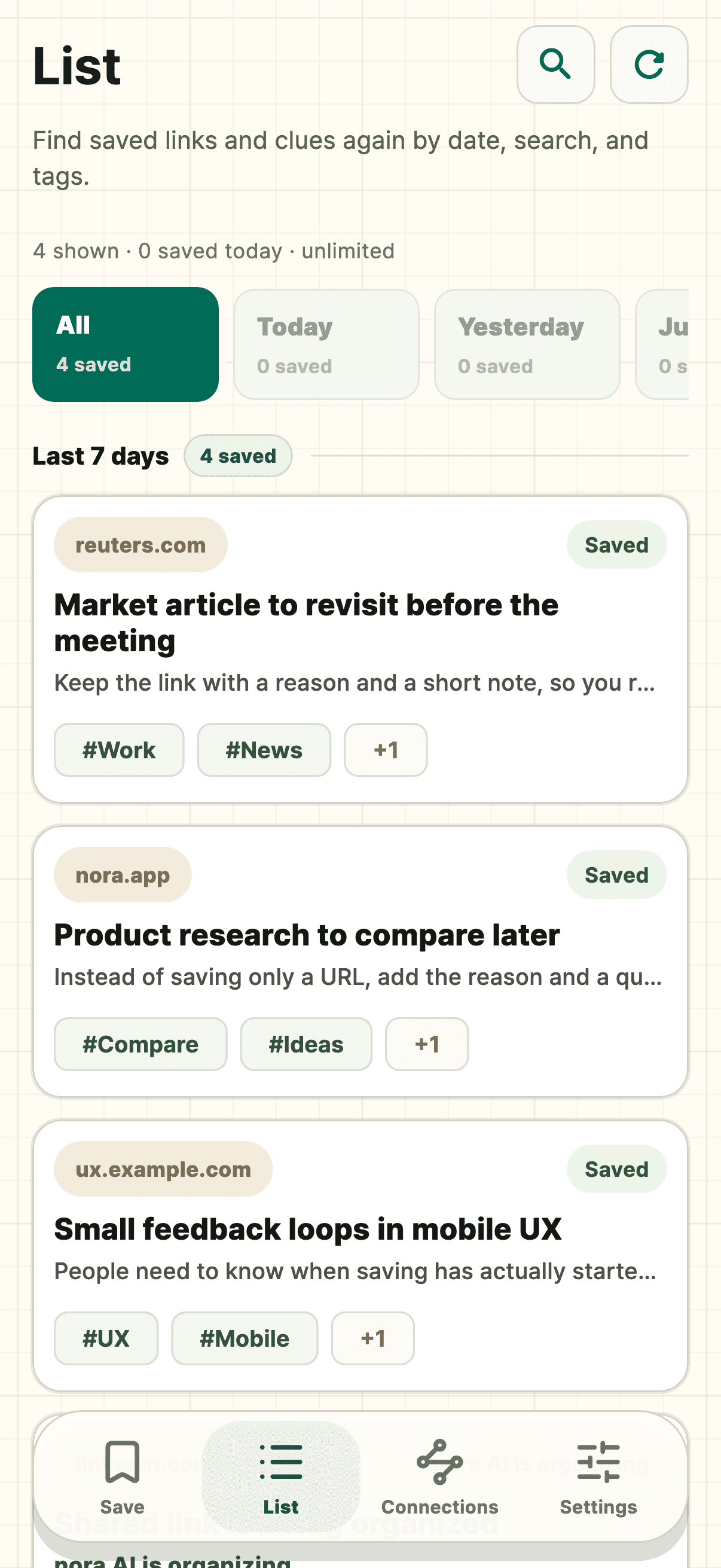 Nora iPhone saved links screen